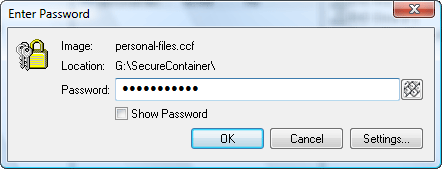 Enter password to open the encrypted container