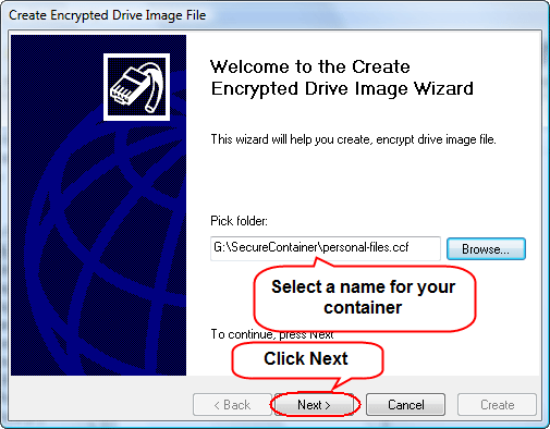 Enter a filename for encrypted drive