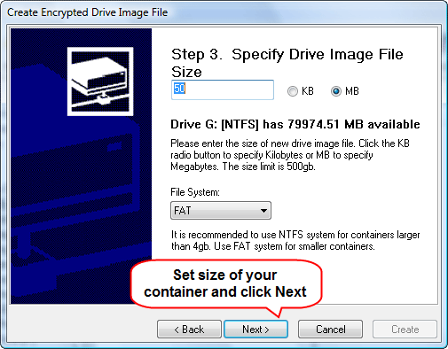Specify size of your encrypted drive