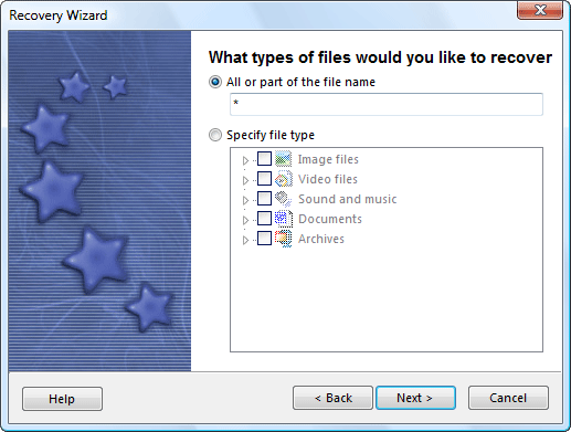 Enter filenames and file types to unerase